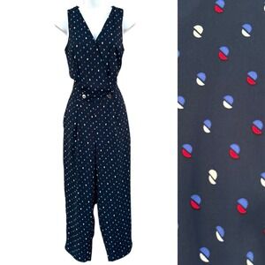 Tommy Hilfiger Navy Blue‎ Polka Dot Nautical V-Neck Jumpsuit Smocked Back Small